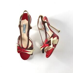 Prada S2012 Flame Red Patent Leather Bow Hotrod Strappy Heeled Sandals 36.5